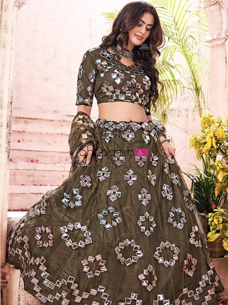 Olive Green Gota-Patti Worked Net Wedding Lehenga Choli