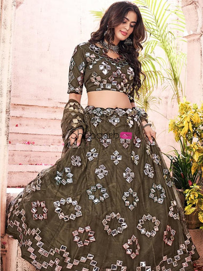 Olive Green Gota-Patti Worked Net Wedding Lehenga Choli