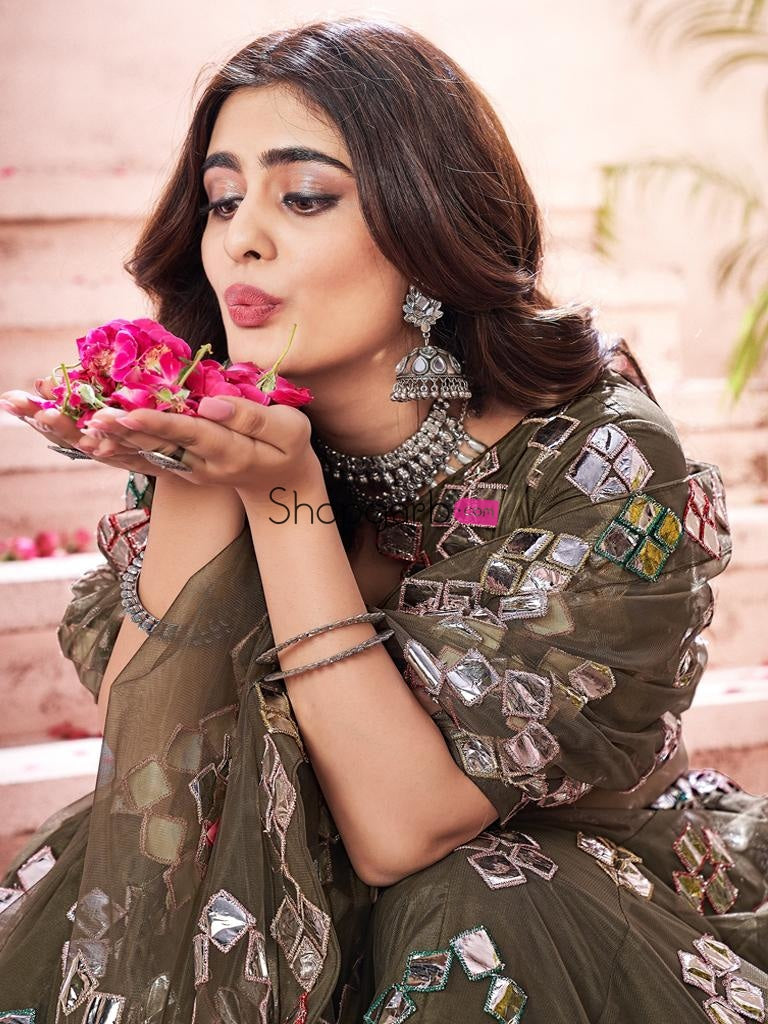 Olive Green Gota-Patti Worked Net Wedding Lehenga Choli