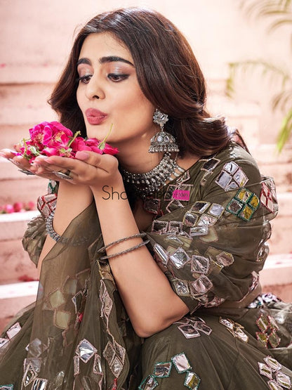 Olive Green Gota-Patti Worked Net Wedding Lehenga Choli