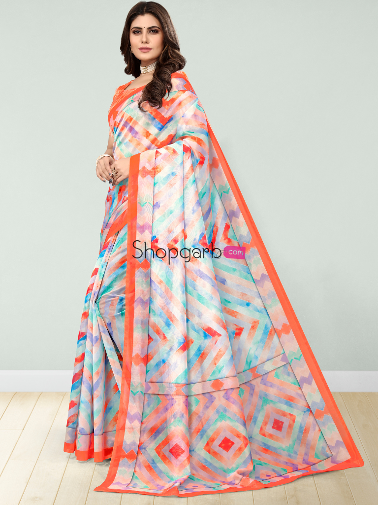 Orange Floral Digital Printed Cotton Silk Linen Saree