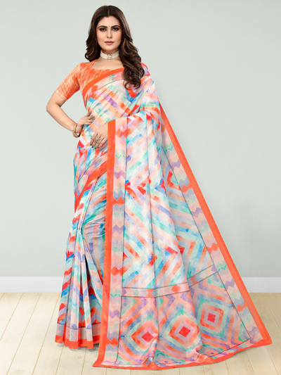 Orange Floral Digital Printed Cotton Silk Linen Saree