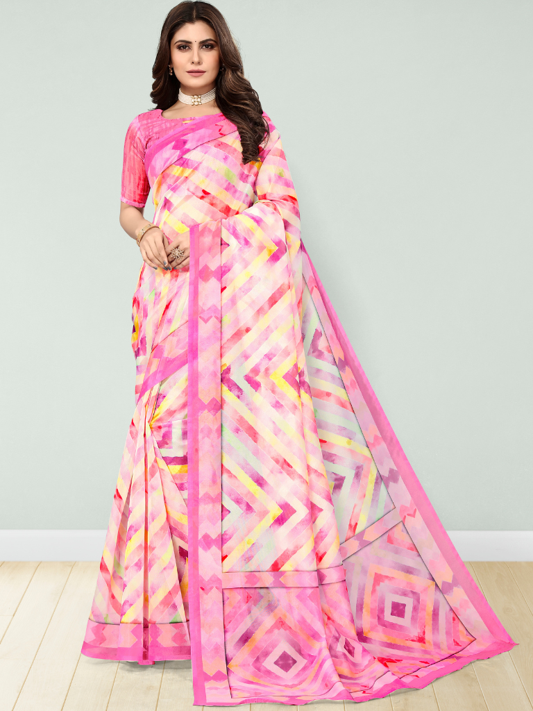 Pale Pink Floral Digital Printed Cotton Silk Linen Saree