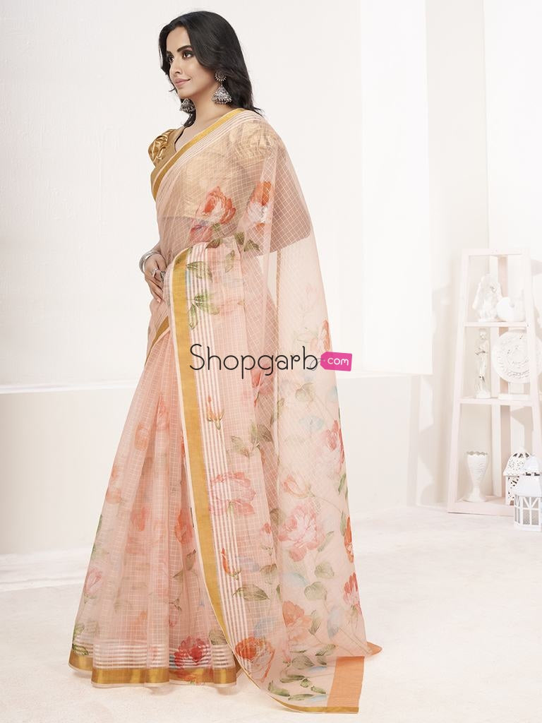 Pale Pink Floral Digital Printed Cotton Silk Linen Saree