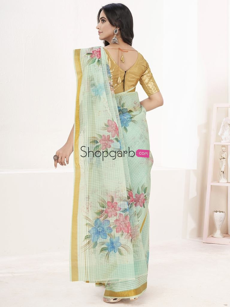 Pale Turquoise Floral Digital Printed Cotton Silk Linen Saree