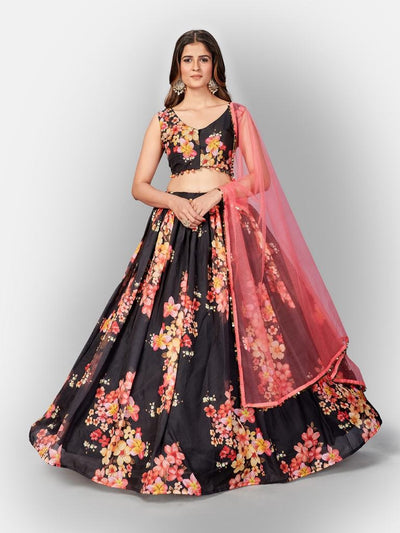 Party Wear Fusion Style Black Digital Printed Semi-Stitched Lehenga And Unstitched Blouse With