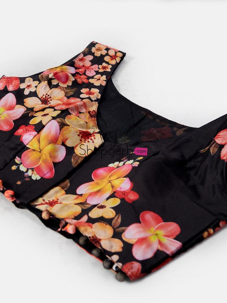 Party Wear Fusion Style Black Digital Printed Semi-Stitched Lehenga And Unstitched Blouse With