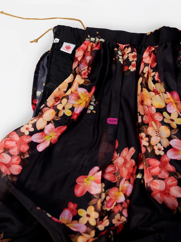 Party Wear Fusion Style Black Digital Printed Semi-Stitched Lehenga And Unstitched Blouse With