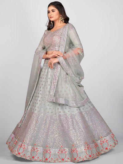 Party Wear Grey And Silver Toned Sequinned Sangeet Special Lehenga Blouse With Dupatta