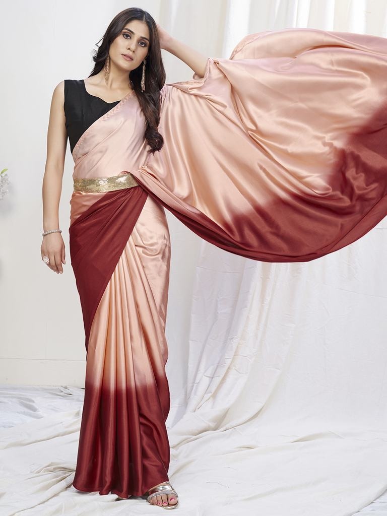 Pastel Peach-Maroon Ready To Wear One Minute Lycra Saree