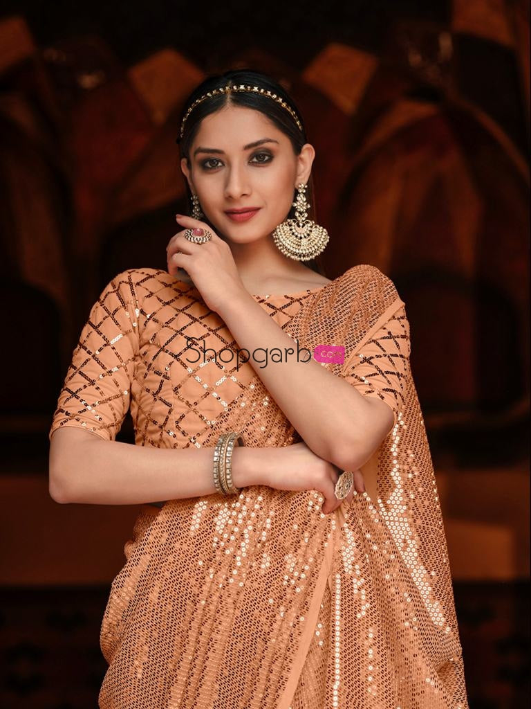 Peach Color Sequence Worked Party Wear Georgette Saree