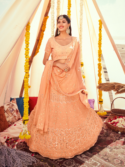 Peach Soft Georgette Lehenga Choli With Sequins & Embroidery Work