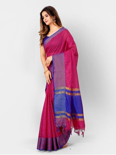 Pink And Blue Linen Woven Design Silk Cotton Hot Saree