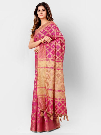Pink And Gold Banarasi Cotton Silk Kanjeevaram Style Saree With Gorgeous Blouse
