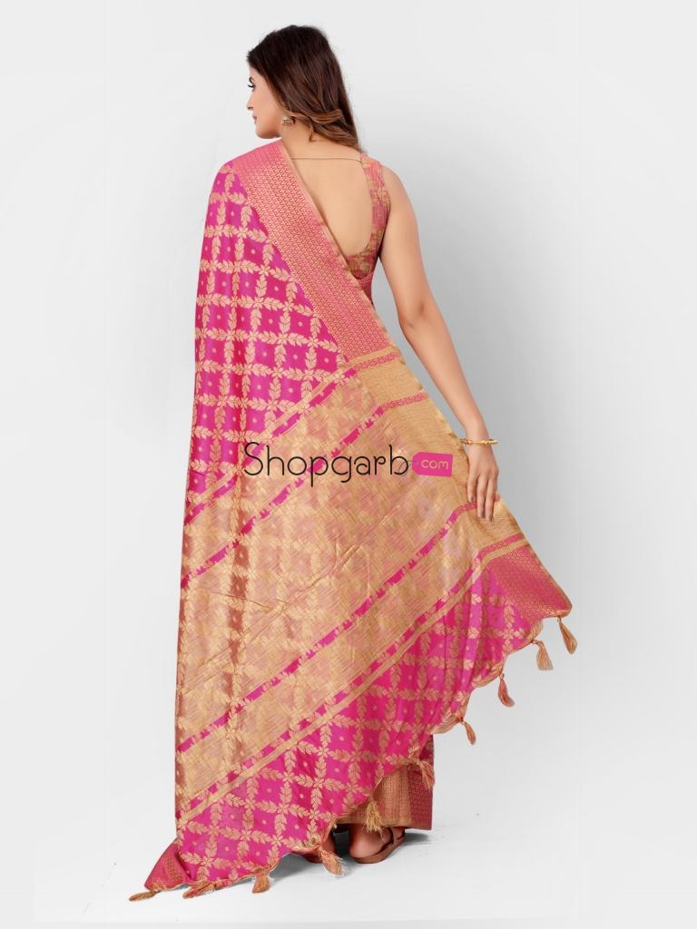 Pink And Gold Banarasi Cotton Silk Kanjeevaram Style Saree With Gorgeous Blouse