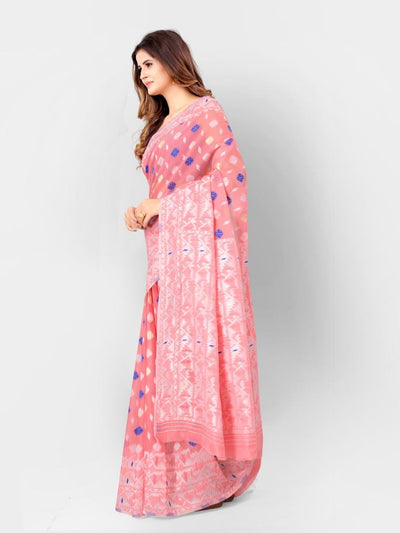 Pink And Silver Ethnic Motifs Woven Design Jamdani Saree With Exclusive Blouse
