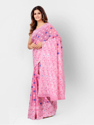 Pink And Silver Ethnic Motifs Woven Design Jamdani Traditional Saree