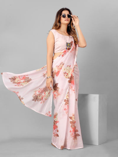 Pink Floral Print Organza Casual Wear Saree With Admiring Blouse