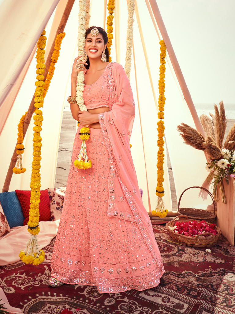 Pink Soft Georgette Lehenga Choli With Sequins & Embroidery Work