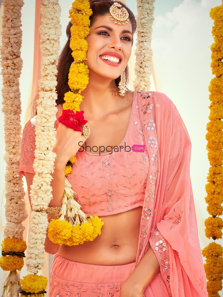 Pink Soft Georgette Lehenga Choli With Sequins & Embroidery Work