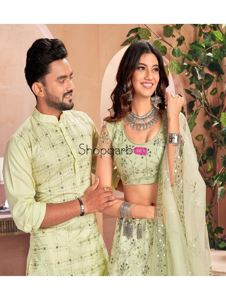 Pista Green Soft Net Sequins Lehenga Choli Or Kurta Couple Set