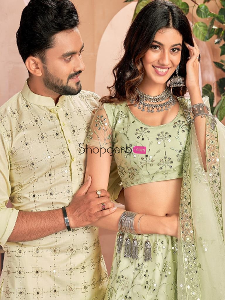 Pista Green Soft Net Sequins Lehenga Choli Or Kurta Couple Set