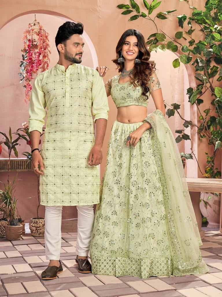 Pista Green Soft Net Sequins Lehenga Choli Or Kurta Couple Set