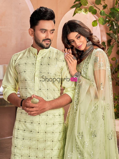 Pista Green Soft Net Sequins Lehenga Choli Or Kurta Couple Set