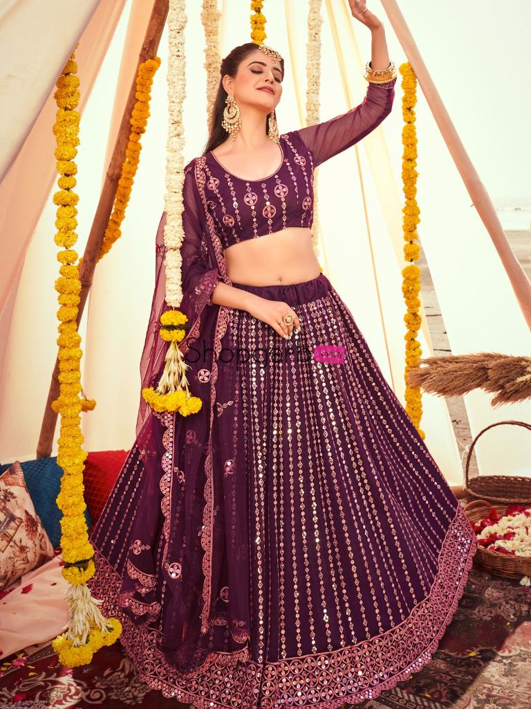 Plum Purple Soft Net Lehenga Choli With Sequins & Embroidery Work