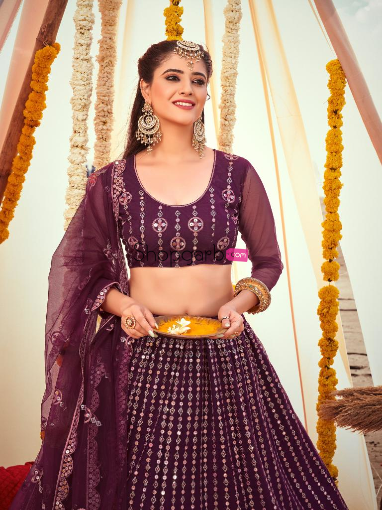 Plum Purple Soft Net Lehenga Choli With Sequins & Embroidery Work