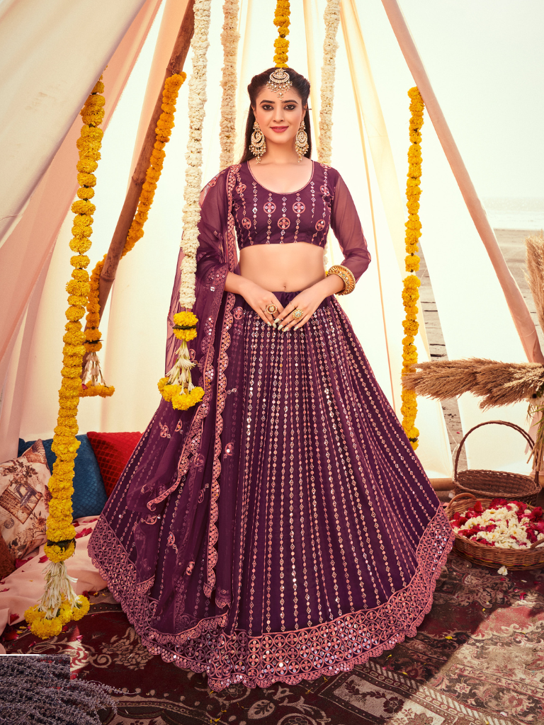 Plum Purple Soft Net Lehenga Choli With Sequins & Embroidery Work