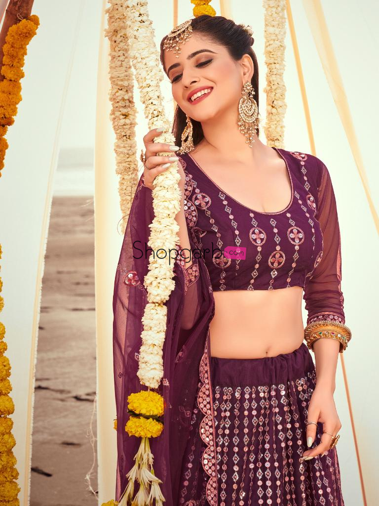 Plum Purple Soft Net Lehenga Choli With Sequins & Embroidery Work