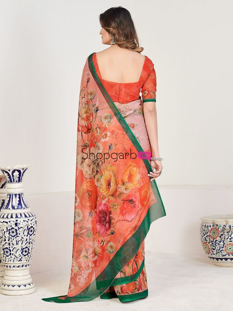 Pretty Orange And Peach Georgette Printed Casual Wear Saree With Blouse
