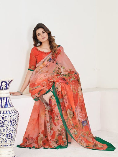 Pretty Orange And Peach Georgette Printed Casual Wear Saree With Blouse