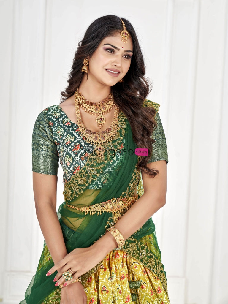 Pure Green & Yellow Latest Banarasi With Digital Semi Stich Lehenga Un Stich Blouse Voni Lehenga