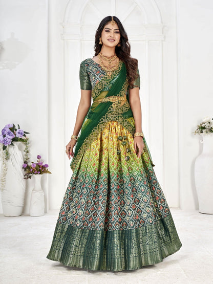 Pure Green & Yellow Latest Banarasi With Digital Semi Stich Lehenga Un Stich Blouse Voni Lehenga