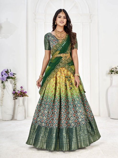 Pure Green & Yellow Latest Banarasi With Digital Semi Stich Lehenga Un Stich Blouse Voni Lehenga