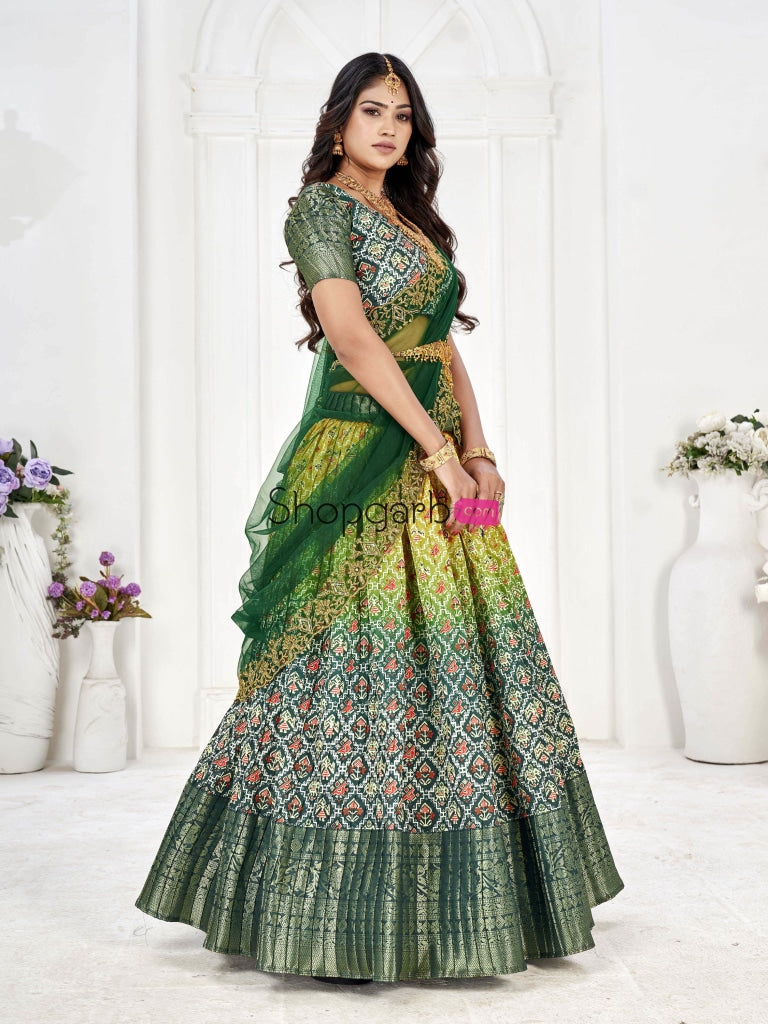 Pure Green & Yellow Latest Banarasi With Digital Semi Stich Lehenga Un Stich Blouse Voni Lehenga