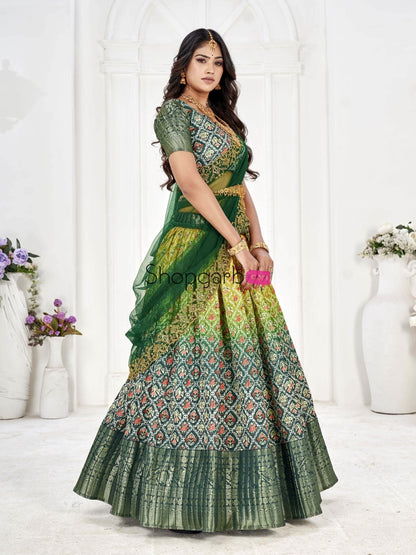 Pure Green & Yellow Latest Banarasi With Digital Semi Stich Lehenga Un Stich Blouse Voni Lehenga