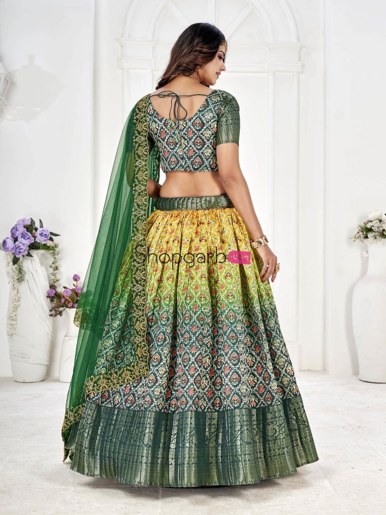 Pure Green & Yellow Latest Banarasi With Digital Semi Stich Lehenga Un Stich Blouse Voni Lehenga