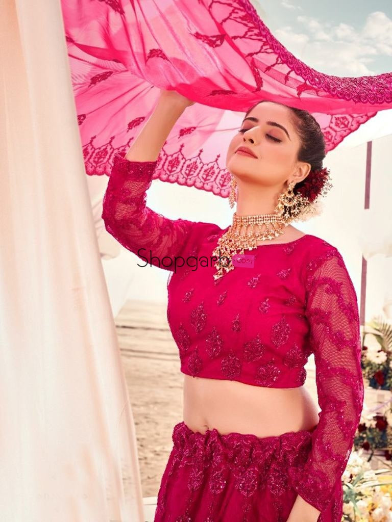 Rani Pink Sequence Wedding Lehenga Choli In Soft Net