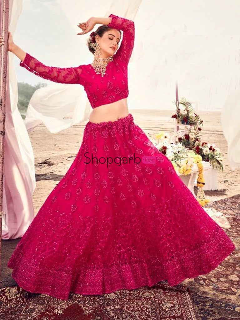 Rani Pink Sequence Wedding Lehenga Choli In Soft Net