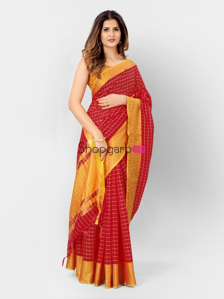 Red And Yellow Linen Woven Design Silk Cotton Blissful Saree