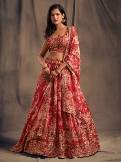 Red Floral Printed Lehenga Choli With Sequins Zari Embroidery Work