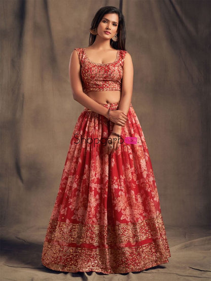 Red Floral Printed Lehenga Choli With Sequins Zari Embroidery Work