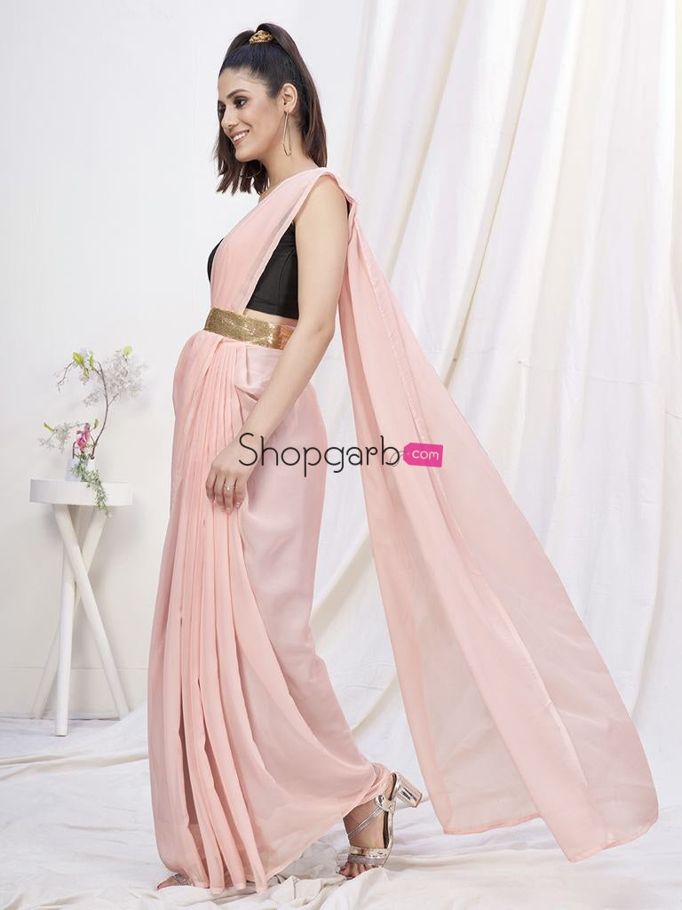 Rose Pink Pre-Stitched Blended Silk Saree