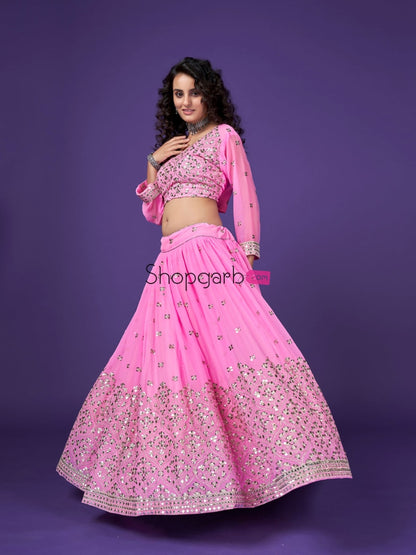 Rose Pink Sequins Embroidered Georgette Reception Lehenga Choli Lehenga Choli