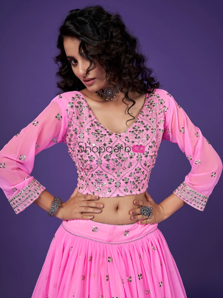 Rose Pink Sequins Embroidered Georgette Reception Lehenga Choli Lehenga Choli