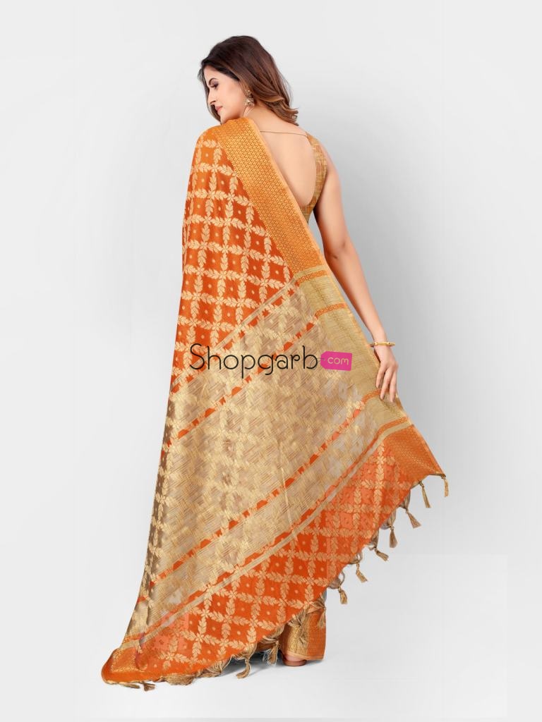 Rust And Gold Banarasi Cotton Silk Kanjeevaram Style Saree With Glamorous Blouse