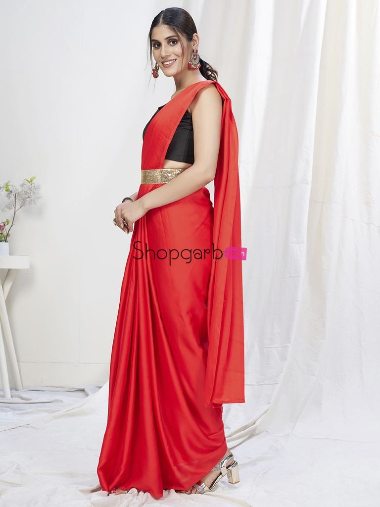 Scarlet Red Ready To Wear One Minute Lycra Saree